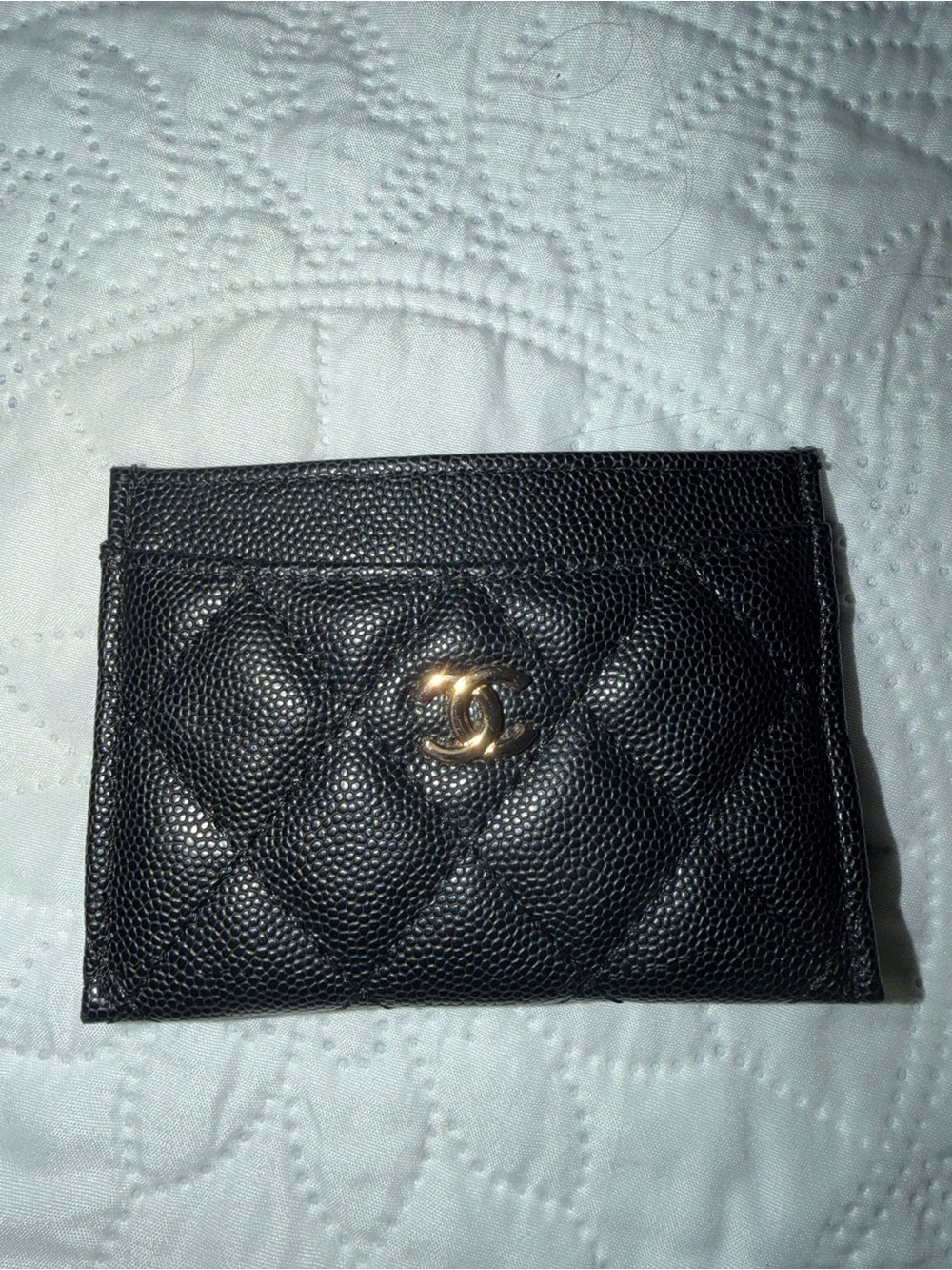 CHANEL Black Quilted Caviar Leather Card Case with Gold CC